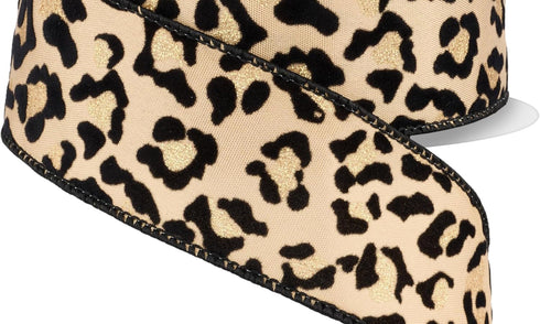Woven Leopard Print Wired Edge Ribbon, 1.5" x 10 Yards (Beige, Gold, Black)...