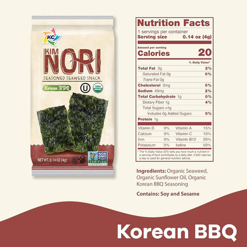 KIMNORI Seasoned Seaweed Snacks Sheets – Organic Korean BBQ Flavor 24 Individual Packs, Roasted Crispy Premium, 100% Natural Laver, Kim Nori 4g 0....
