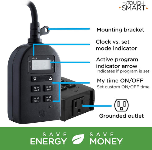 myTouchSmart Indoor/Outdoor Plug-In Digital Timer, One Grounded Outlet, Two Easy-to-Set Custom Daily On/Off Times, Weather Resistant, Ideal for Sm...