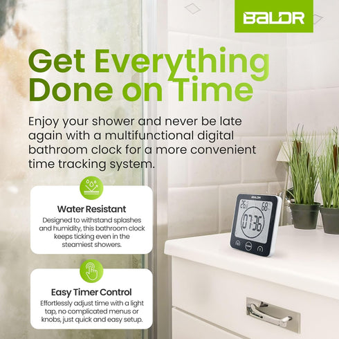 BALDR Digital Shower Clock with Timer - Black - Water-Resistant Shower Timer, Countdown Timer Clock with Temperature and Humidity, Digital Clock f...