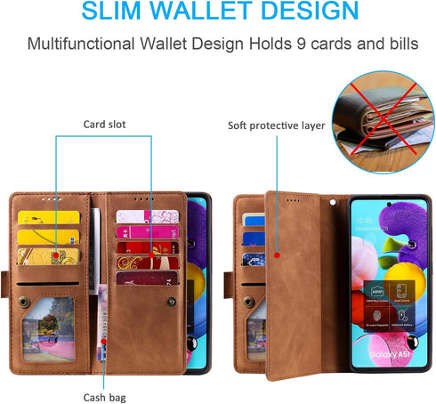 EYZUTAK Wallet Phone Case for Samsung Galaxy A51(4G), Retro Matte 9 Card Holder Slots Zipper Pocket Case PU Leather Magnetic Closure Kickstand wit...