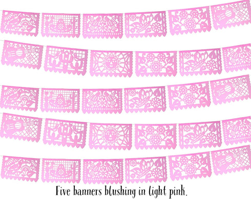 Mexican Banner Flags Light Pink Papel Picado Over 60 feet Long, Pastel Pink tissue PAPER garland decorations for all occasions, Weddings, Quincean...