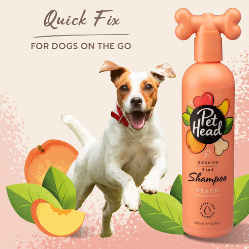 Quick Fix Shampoo and Conditioner for Dogs 16.0 fl. oz. Peach Scent. Nourishes and softens the coat. Natural and Vegan Ingredients. Gentle formula...
