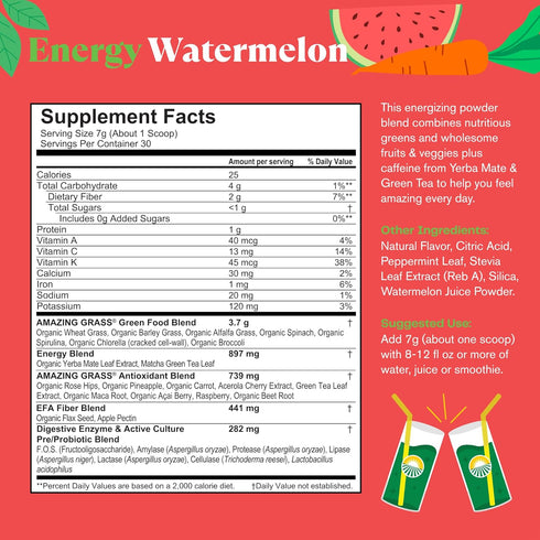 Amazing Grass Greens Blend Energy: Smoothie Mix, Super Greens Powder & Plant Based Caffeine with Matcha Green Tea & Beet Root Powder, Watermelon, ...