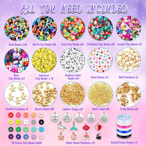 Wakestar Clay Beads Bracelet Making Kit,Flat Round 6mm Clay Beads for Jewelry Making with Pendant Charms Kit,Art Crafts Gift Sets for Girls Ages 3...