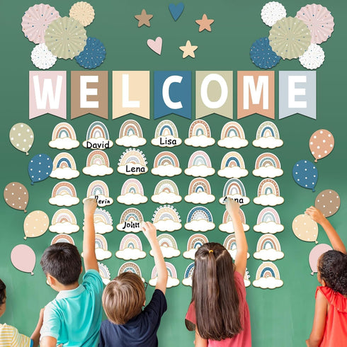 67 Pieces Simply Boho Welcome Classroom Bulletin Board Set Rainbow Bulletin Board Classroom Decoration Balloon Paper Fans Cutouts for Primary Scho...