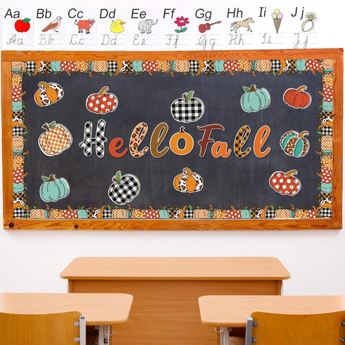Whaline 83Pcs Hello Fall Bulletin Board Kit Pumpkin Bulletin Board Set Plaid Leopard Pumpkin Decoration Border Cutout with Glue Points for Fall Ha...