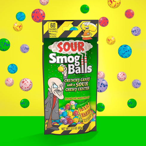 TOXIC WASTE - Sour Smog Balls - Crunchy & Chewy Sour Balls - Lime, Cherry, Strawberry, Lemon, Blue Raspberry, & Grape Flavors - 3 oz. Bags - 3-Pac...