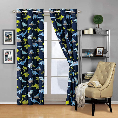 Elegant Homes Design Multicolors Kids Room Window Curtain Treatment Drapes 2 Piece Set with Grommets (Dinosaur Blue)...
