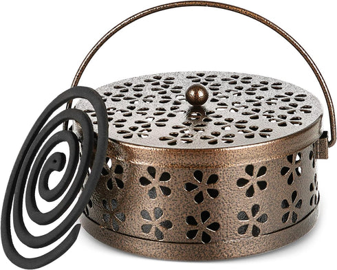 Portable Iron Mosquito Coil Holder with Handle Round Heat-Resistant Incense Holder (Bronze)...