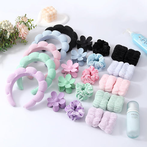 RICHTOP Spa Headband and Wristband Set, 6 Pack Skincare Headband Face Wash Headband, Skin Care Headband Set with Hair Clip Pink Headband for Washi...