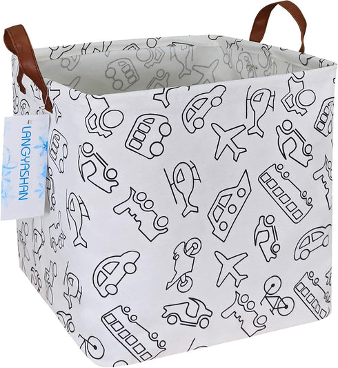LANGYASHAN Square Storage Baskets Waterproof Canvas Children Laundry Nursery Hamper for Shelves Gift Baskets Toy Organizer Room Decor(Vehicle)...