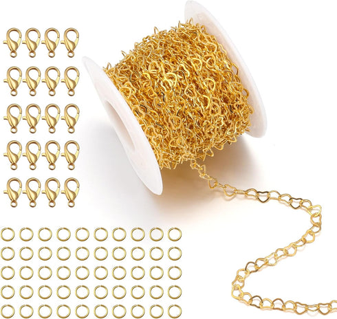 Forise 30 Feet Gold Plated 3mm Heart Chains for Jewelry Making DIY Heart Brass Link Unfinished Chains Set with 20Pcs Lobster Clasps 50Pcs Jump Rin...