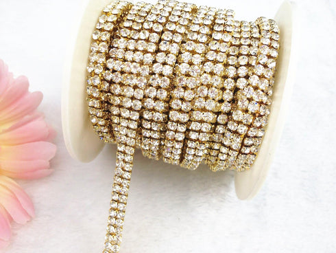 3 Feet 1 Yard 2 Rows Ss16 4mm Close Rhinestone Chain Trims Cup Chain Wedding Cake (Gold+Clear Crystal)...