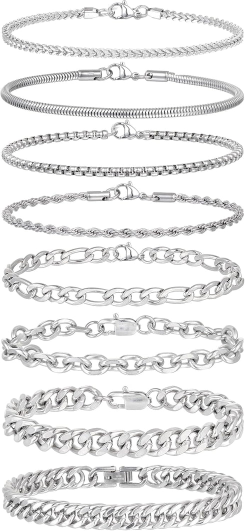 Tornito 8Pcs Chain Bracelet Stainless Steel Curb Width Rope Figaro Cuban Link Paperclip Twist Chain Bracelets Set for Men Women 7.5/8.3/9.0 Inches...