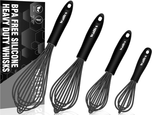 Silicone Whisk Set, Walfos 8.5''+10''+12'' Balloon Whisk and 6.7'' Mini Whisk Set for Blending Beating Stirring and Kitchen Cooking?Black?...