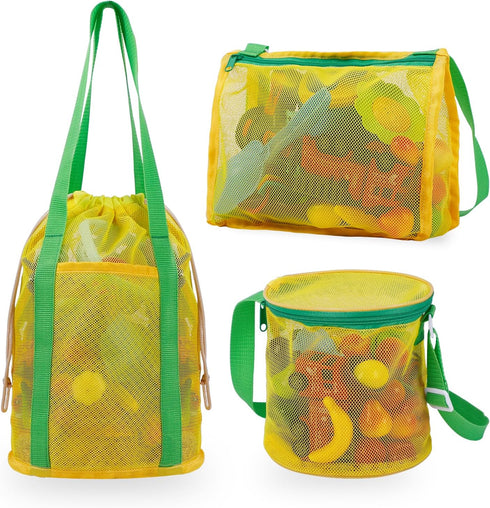 3 Pcs Mesh Beach Bag Set, Sand Beach Toy Bag, Seashell Collecting Bag Tote with Adjustable Carrying Strap & Zipper/Drawstring, Pool Toy & Sand Toy...