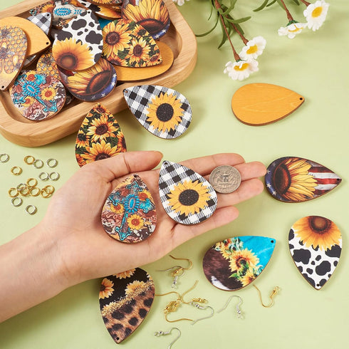 Beadthoven 18 Pairs DIY Sunflower Printed Wood Dangle Earring Making Kit VIntage Rustic Summer Flower Wood Pendants Teardrop Charms Hanging Orname...