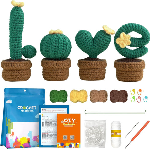 ArwySciI Crochet Kit for Beginners, 4 PCS Potted Kits with Yarn, Step by Step Videos, DIY Crafts for Adults and Kids, Gifts for Crochet Lovers, Bi...