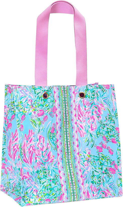 Lilly Pulitzer Pink/Blue Market Shopper Bag, Reusable Grocery Tote with Comfortable Shoulder Straps, Best Fishes...