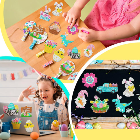 16 Pcs Easter Diamond Painting Magnets for Refrigerator Spring Diamond Art Magnets DIY Bunny Eggs Gnome Cross Flower Diamond Painting Kits Pink Ye...