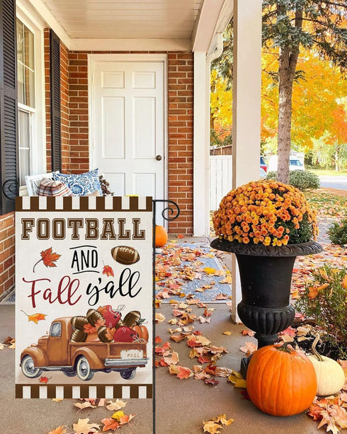 Welcome Thanksgiving Fall Garden Flags for Outside Decorations, FOOTBALL and Fall Y'all Truck with Maple Leaves Small Yard Flag, Harvest Autumn Se...