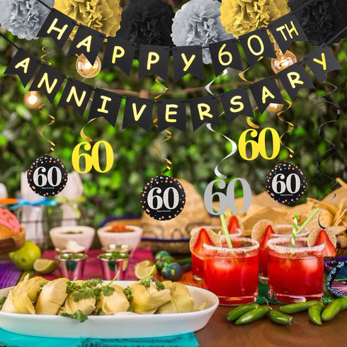 60th Anniversary Decorations Kit - Gold Glitter Happy Anniversary Banner, 9Pcs Sparkling Hanging Swirl, 6Pcs Poms - For 60th Wedding Party Decorat...