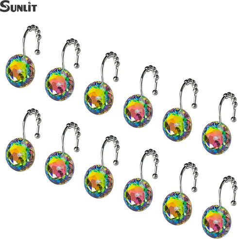 Sunlit Luxury Design Glitter Round Colorful Diamond Crystal Gem Bling with Glide Balls Shower Curtain Hooks, Rust Proof Metal Rhinestones Glam Sho...