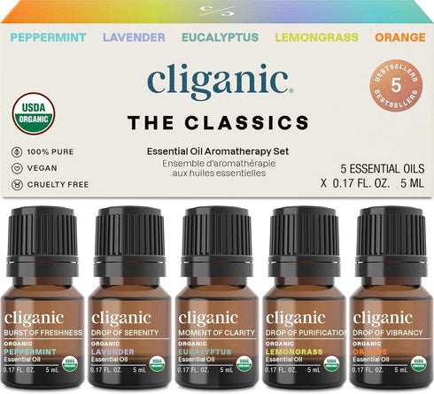 Cliganic Organic Essential Oils Set (Top 5 - The Classics) - 100% Pure Natural - Aromatherapy, Candle Making - Peppermint, Lavender, Eucalyptus, L...