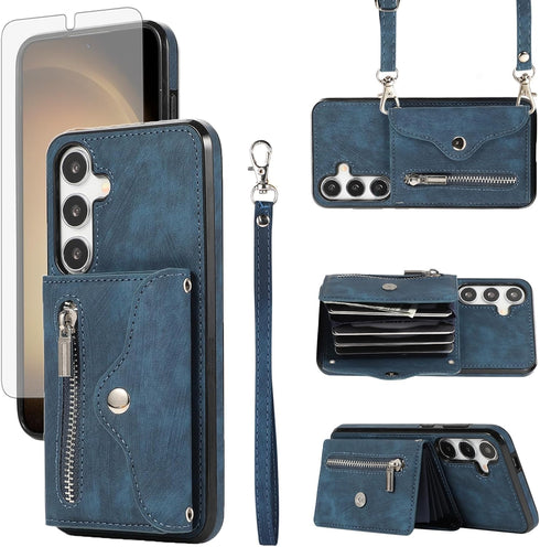 Phone Case for Samsung Galaxy S24 5G Wallet Cover and Tempered Glass Screen Protector with Wrist Crossbody Strap Lanyard Credit Card Holder Stand ...