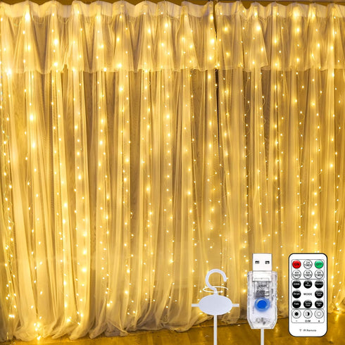 Warm White Curtain Light for Bedroom, 300 LED 9.8ft x 9.8ft Window Fairy Curtain String Light with 16 Hooks, 8 Models Remote Control for Wedding P...