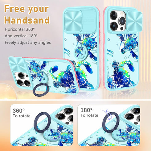 for iPhone 12 Pro Max Case with Slide Camera Cover, Sea Turtle Cases for iPhone 12 Promax with Ring Holder, Turtles Stylish Aesthetic Designer Sli...