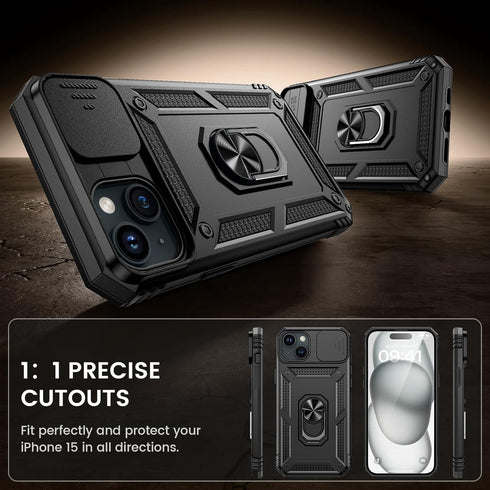 Goton for iPhone 15 Case with Screen Protector - Slide Camera Cover Protective Phone Case with Ring Stand, Heavy Duty Shockproof Rugged Bumper for...