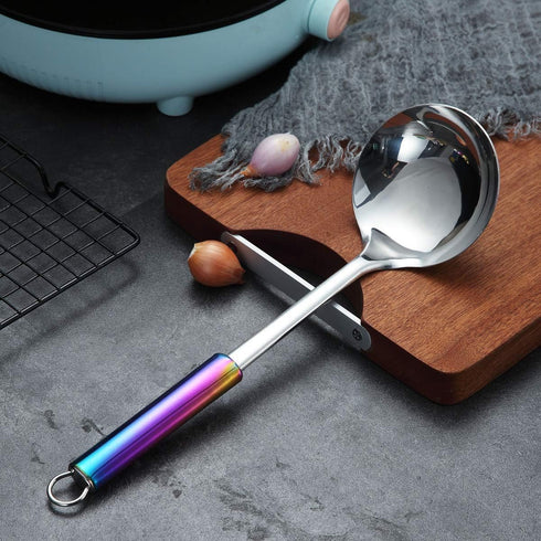 Berglander Cooking Ladle, Stainless Steel Rainbow Handle Soup Ladle Soup Spoon With Titanium Plating, Metal Ladle For Cooking, Colorful Handle Kit...
