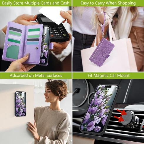 Varikke for iPhone 13 Pro Wallet Case Detachable with Card Holder for Women, Fashion Glitter Leather Strap Strong Magnetic Flip Wallet Removable P...