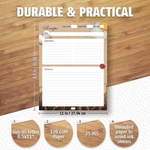 Full Size Recipe Pages 8.5x11'' Double-Sided Paper, (25 Sheets) No-Smear Matte Paper Recipe Pages for Binders, Convenient Blank Recipe Paper Refil...