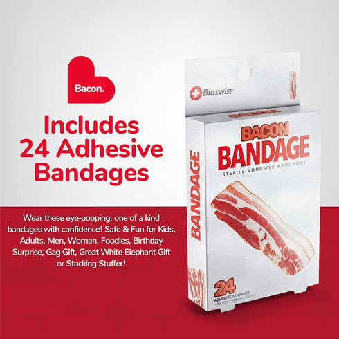 BioSwiss Bandages, Bacon Shaped Self Adhesive Bandage, Latex Free Sterile Wound Care, Fun First Aid Kit Supplies for Kids, 24 Count...