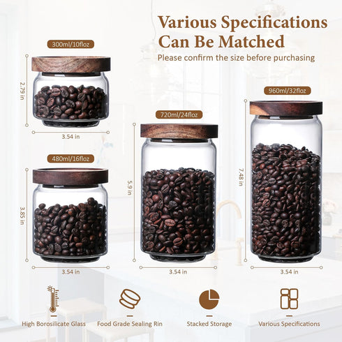 720ML/24Oz Clear Cute Glass Storage Canister Holder with Stackable Airtight Wood Lid, Modern Decorative Container Jar for Coffee, Spice, Candy, Sa...