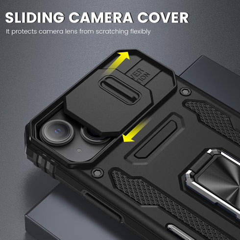 Maxdara for iPhone 15 Case, with Slide Camera Cover & Built-in Rotating Kickstand Ring & Front Glass Screen Protector Phone Case for iPhone 15 6.1...