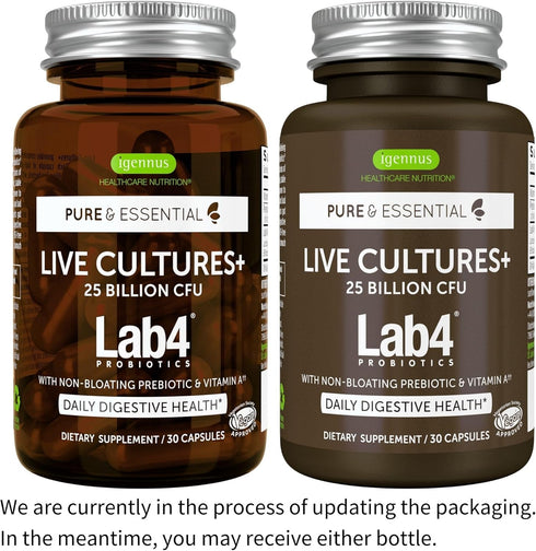 Live Cultures+ Lab4 Probiotics & Prebiotic, Vegan, Non-GMO, Lactobacillus Acidophilus & Bifidobacterium, Guaranteed 25 Billion CFU, Non-Bloating G...