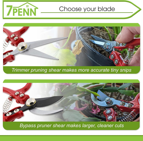 7Penn Garden Pruning Shears - 2pc Straight and Curved Sharp Blade Gardening Hand Tools with Red Ergonomic Grip Handles...