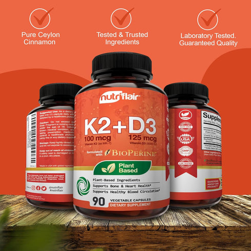 NutriFlair Vitamins D3 (5000iu/125mcg) + K2 (as Mk7) - Made with Plant-Based Ingredients Plus BioPerine Black Pepper Extract, 90 Capsules - Suppor...