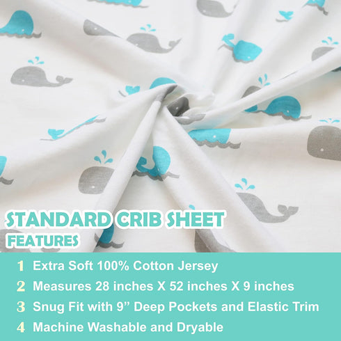 American Baby Company Fitted Crib Sheet 28" x 52", Soft Breathable Neutral 100% Cotton Jersey Sheet, Aqua Whales, for Boys and Girls, Fits Crib an...