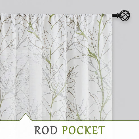 FMFUNCTEX Valance Curtain for Kitchen Bathroom Bedroom Green and Grey Branch Print on Linen Window Valances for Living Room Rod Pocket Window Trea...