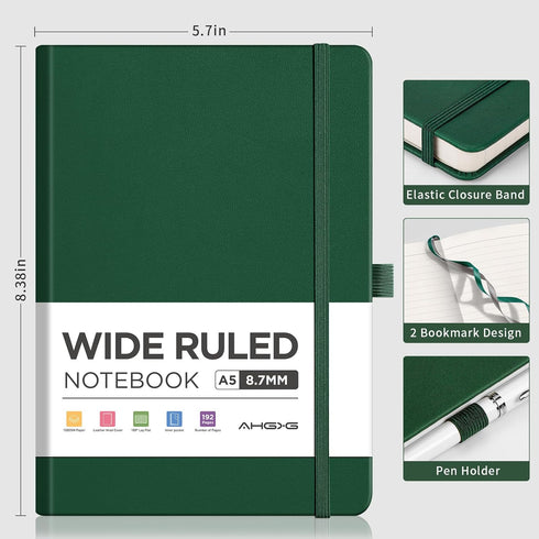 AHGXG Lined Journal Notebook - Wide Ruled Notebook Journal for Women Men, 192 Numbered Pages, 100 GSM Thick Paper, A5 Hardcover Leather Notebook f...