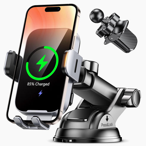 Wireless Car Charger Mount Auto Clamping, 15W Fast Charging Car Phone Holder Charger for Dash Windshield Vent Compatible with iPhone 15 14 13 12 P...