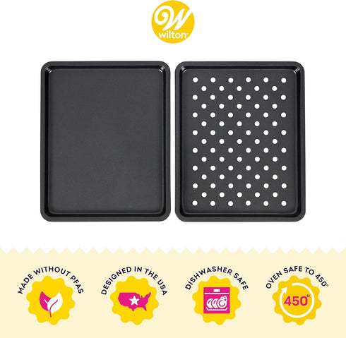 Wilton Perfect Results Toaster Oven Baking Sheet Pan & Crisper Tray, 2-Piece Baking Set, Black, Steel...
