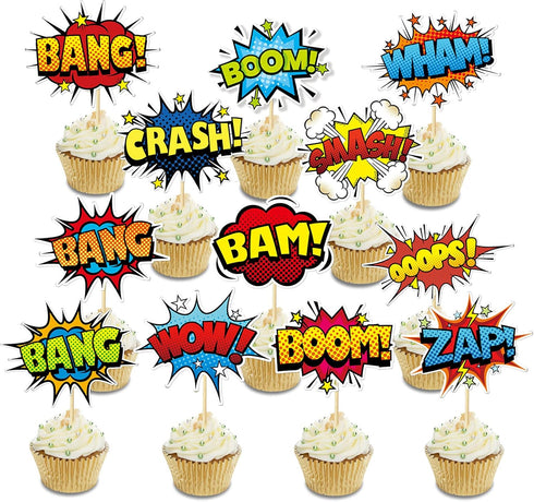 SuperHero Boom Cupcake Toppers 48 Pack Happy Birthday Cake Decor for kids Hero Theme Birthday Party Supplies Celebrating Party Events Baby Shower...