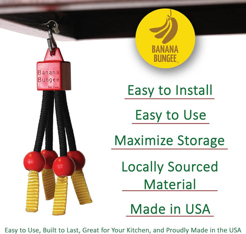 Banana Bungee Red Banana Hook Holder, Made in USA; Multiple Bunches or Single Banana Hanger...