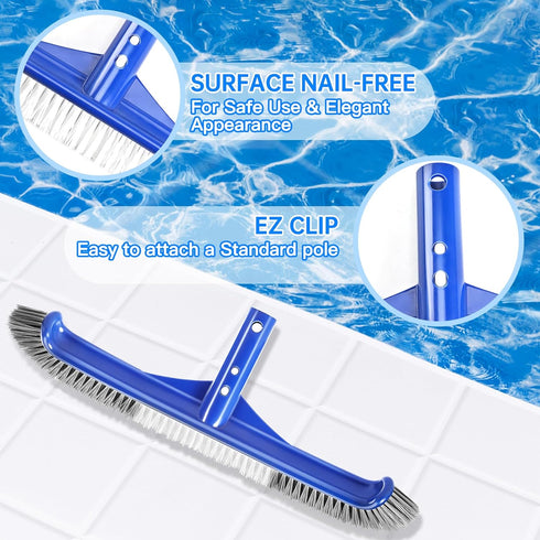 Pool Brush Head, 17.5" Pool Brushes for Cleaning Pool Walls, Curved Ends High-Efficiency Pool Scrub Brush,Premium Nylon Bristles Pool Brush with E...